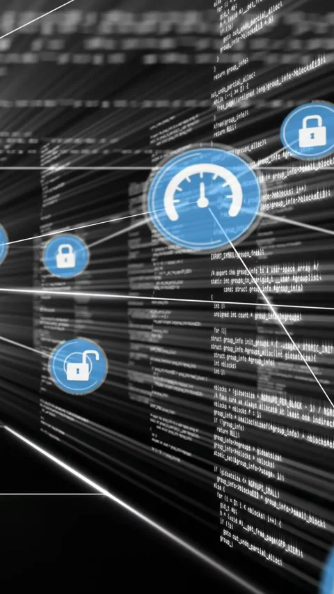 Vertical video: Motion spawning padlocks and gauges, network map linking code Stock Footage 330189572