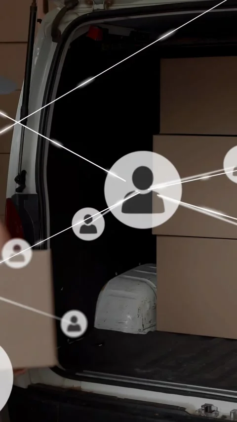 Vertical video: Mover approaching van, lifting boxes for delivery while icons Stock Footage 329913412