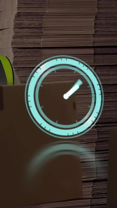 Vertical video: Mover stacking boxes after cyan clock overlay appearing being Stock Footage 331050227