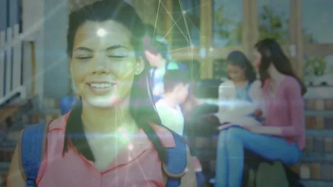Vertical video: Moving camera showing student smiling for ad on school steps, in Stock Footage 334182965