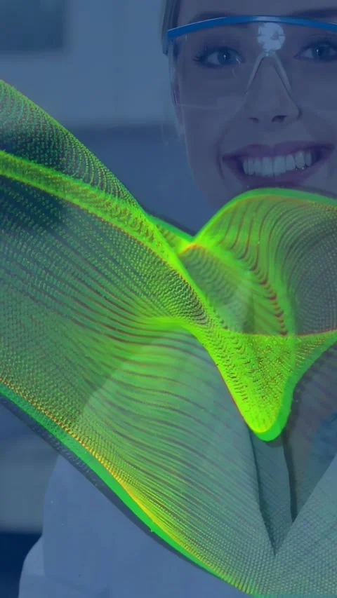 Vertical video: Moving clear green ribbon revealing tech in lab coat at bench Stock Footage 334549627