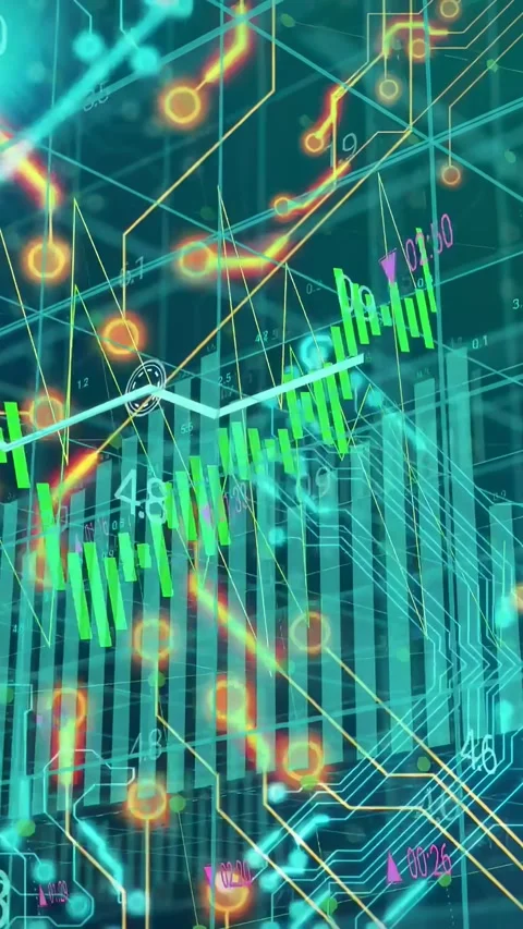 Vertical video: Moving line hitting nodes, chart pulsing and rising to show Stock Footage 334917256