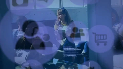 Vertical video: Moving purple UI icons revealing woman with specs holding cup Stock Footage 331833166