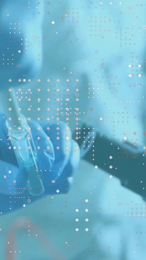 Vertical video: Moving vial overlay fading gloved tech drawing fluid with pipet Stock Footage 330542879
