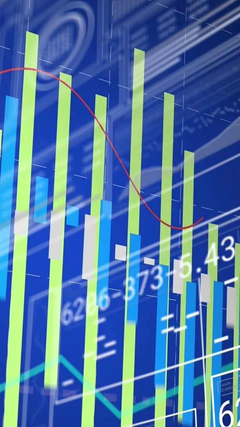 Vertical video: Multicolor bars sliding up, red trend line oscillating, showing Stock Footage 332747829