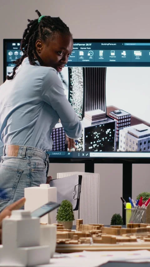 Vertical Video Multiethnic architecture developers using 3D models in Stock Footage 316340230