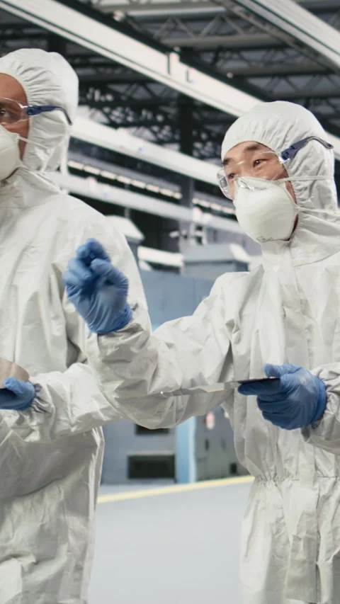 Vertical video Multiethnic engineering team coworkers carry silicon wafer in Video stock 333615049
