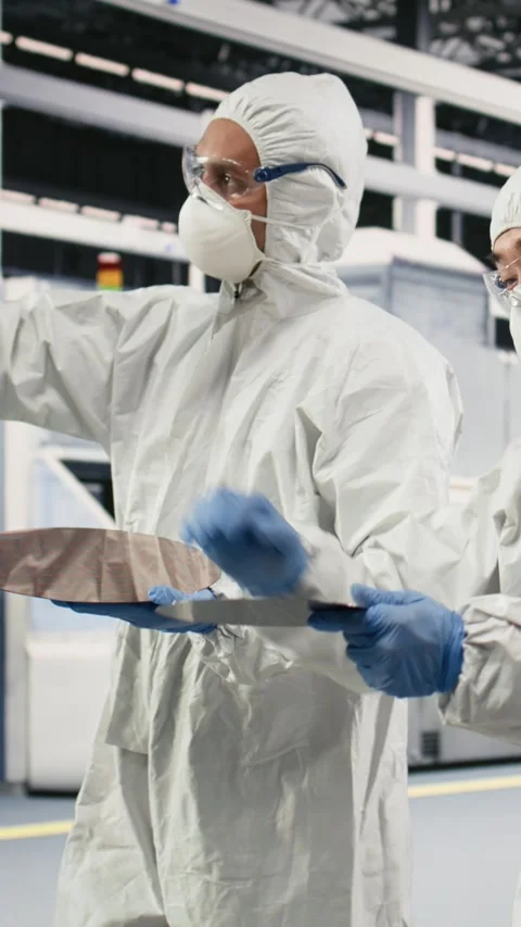 Vertical video Multiethnic engineering team coworkers carry silicon wafer in Stock Footage 333615500