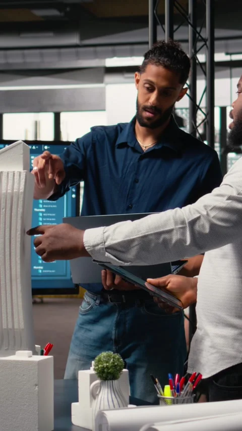 Vertical Video Multiethnic group of developers and contractors discussing urban Stock Footage 316342807