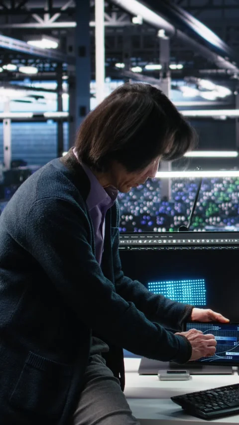 Vertical video Multiethnic team in diverse data center coding with generative AI Stock Footage 313507914