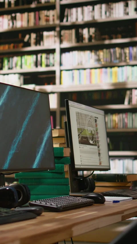Vertical Video Multiple computer monitors show virtual assistant and blue Stock Footage 337528844