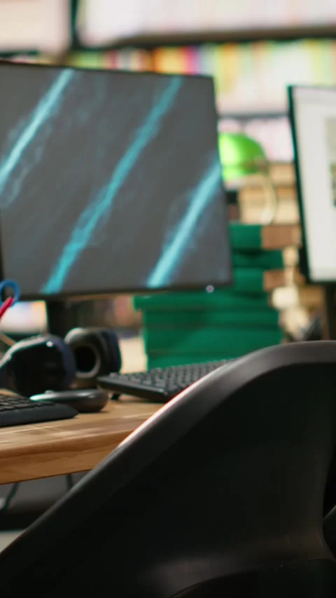 Vertical Video Multiple computer monitors show chatbot, analytics and digital Stock Footage 337530063