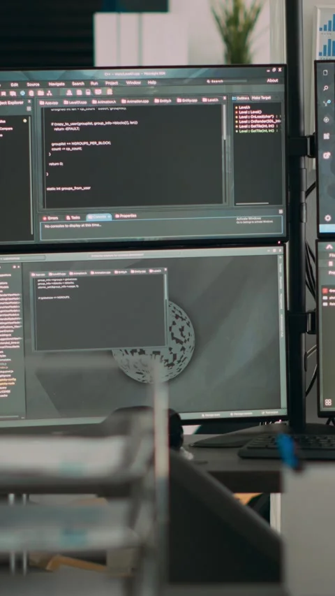 Vertical video: Multiple screens showing programming code in empty software it Stock Footage 218575439