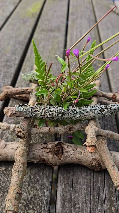 Vertical video of natural branch pyramid with fern and purple wildflowers Stock Footage 344819002
