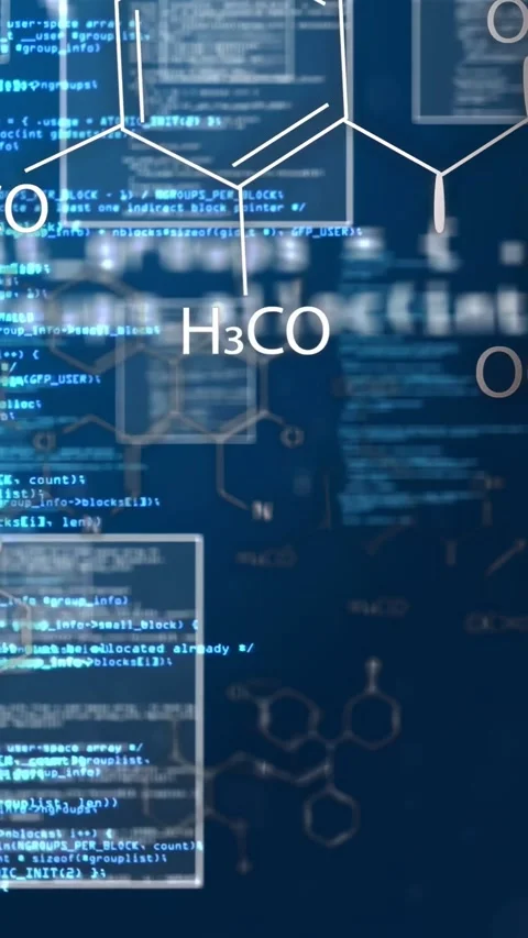 Vertical video: Navy fading starting code frames and molecule rings sliding Stock Footage 335741095