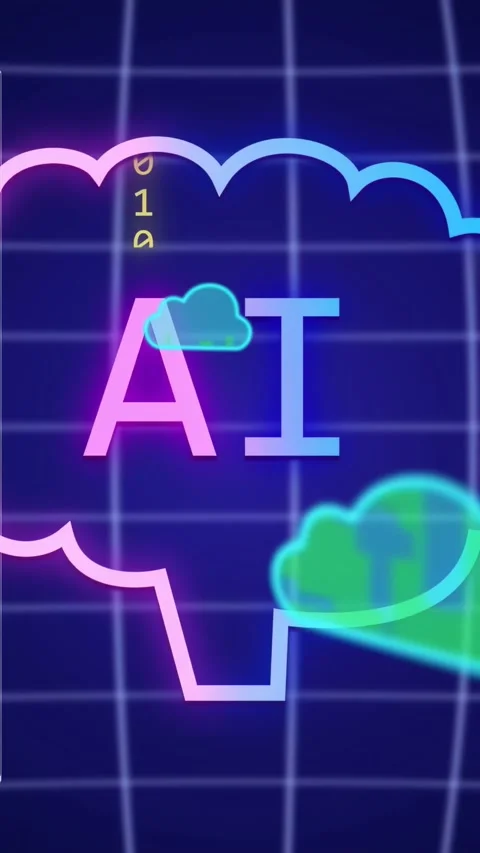 Vertical video: Neon AI cloud appearing, clouds floating, binary falling, Stock Footage 334378272