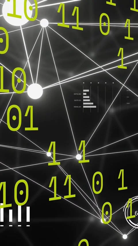 Vertical video: Neon bits scrolling revealing node mesh as HUD updating nodes Vidéo 334378328