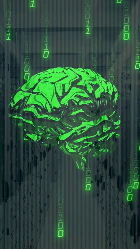 Vertical video: Neon brain appearing, causing rotating and falling binary Stock Footage 332595187