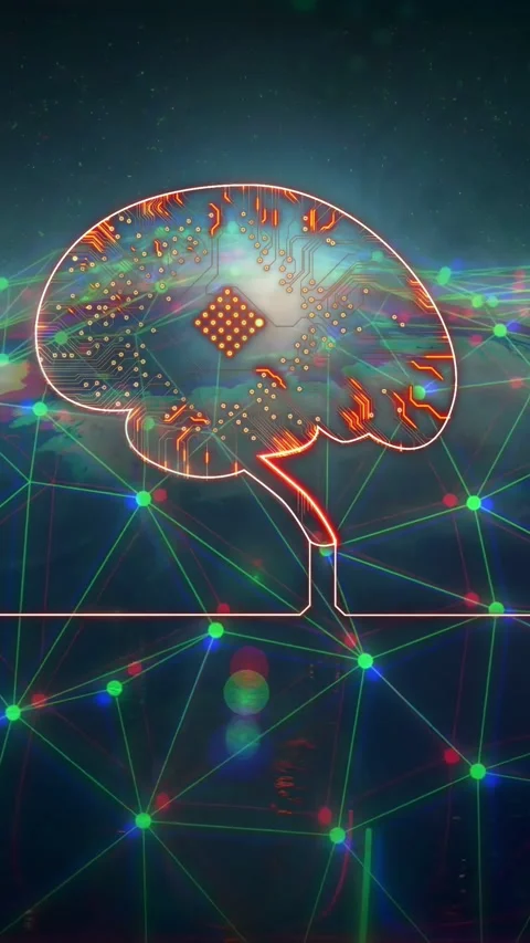 Vertical video: Neon brain hovering over grid, chip pulsing sparking node Stock Footage 334378135