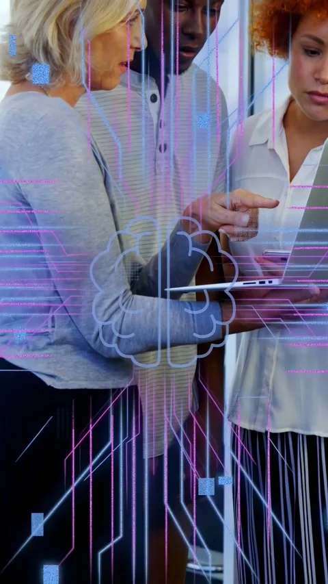 Vertical video: Neon brain showing, third joining, team working on laptop, code Stock Footage 334024843