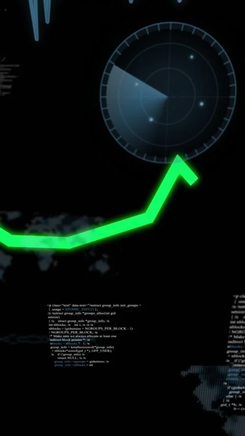 Vertical video: Neon chart line growing across HUD on data ping, radar sweeping Stockbeeldmateriaal 330286139