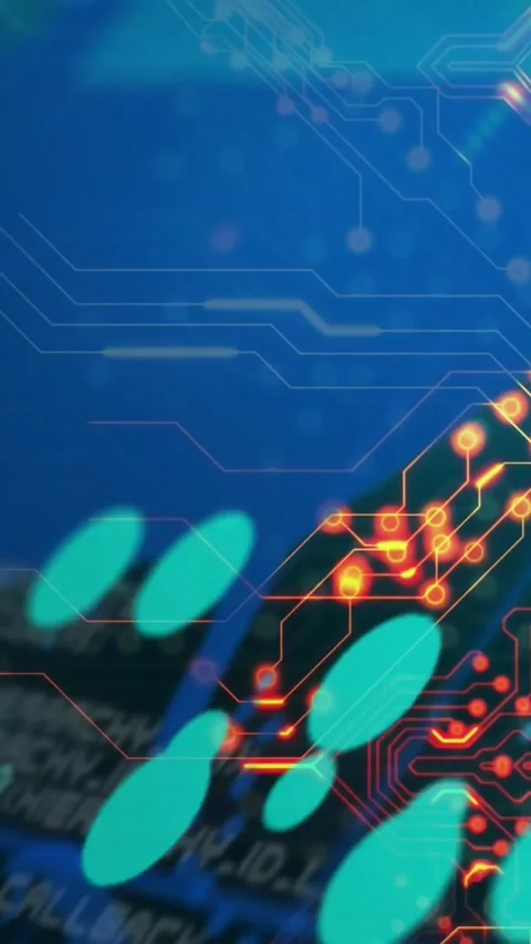 Vertical video: Neon circuit pulsing as diagonal beam sweeping, energizing Stock Footage 328331864