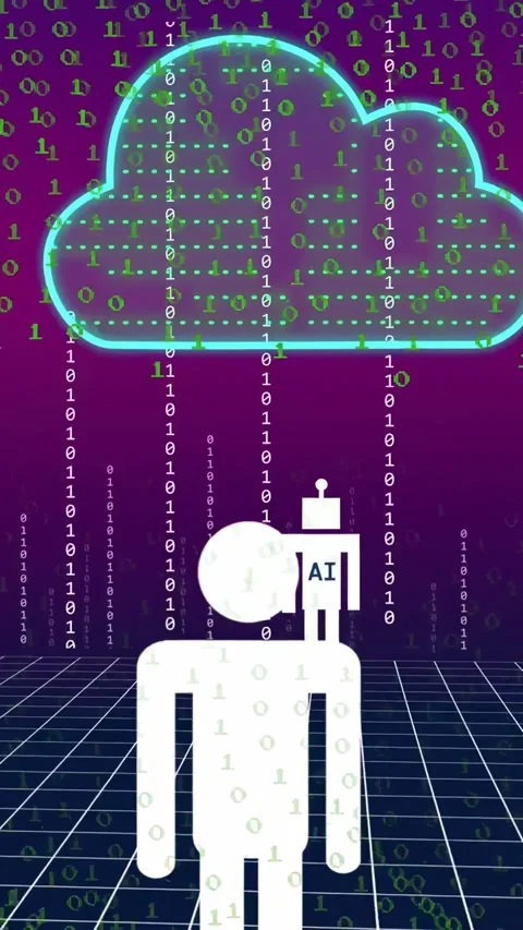 Vertical video: Neon cloud emerging, sending binary rain, showing data flow Stock Footage 334378268