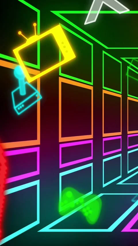 Vertical video: Neon corridor starting, framing gaming icons, TV  and  pad Stock Footage 332985109