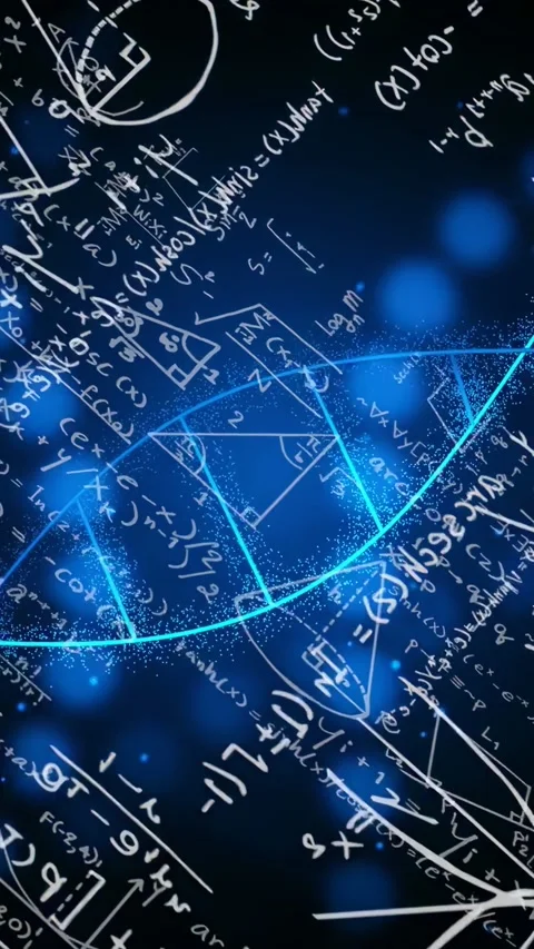 Vertical video: Neon curve emerging left, sweeping right across rotating math Stock Footage 335802552