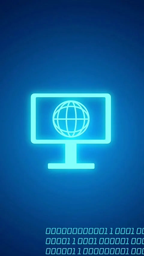 Vertical video: Neon cyan globe monitor icon emerging, sending binary streams Stock Footage 334378519