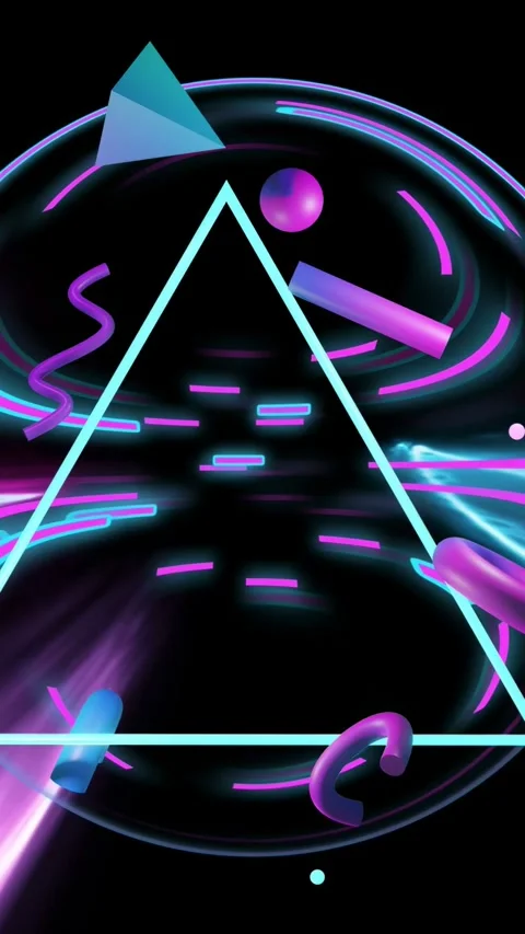 Vertical video: Neon cyan triangle centering, dashes pulsing, orbiting shapes, Stock Footage 333236317