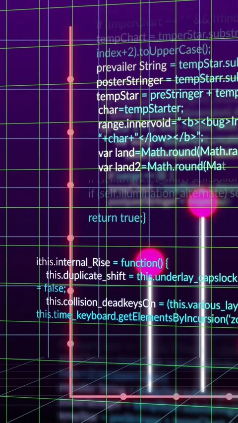 Vertical video: Neon data glyph reading code, white bars rising and pink orbs Stock Footage 330332774