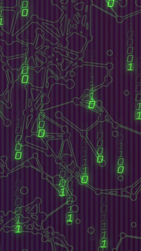 Vertical video: Neon glyph columns starting at top and weaving node web, 動画素材 330429981