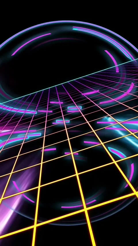 Vertical video: Neon grid and ring rotating, cyan dashes pulsing, beam dropping Stock Footage 333236307