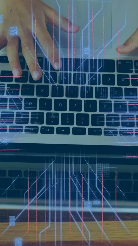 Vertical video: Neon grid rising, circuit traces flowing to laptop, hands Stock Footage 335355601