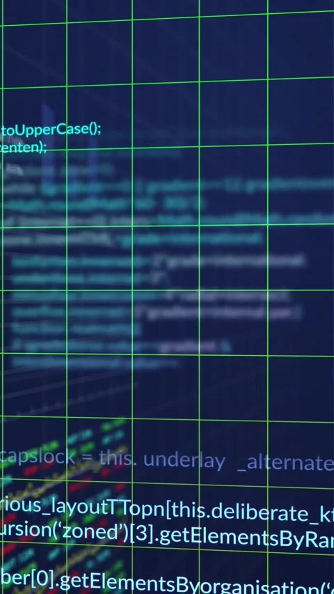 Vertical video: Neon grid staying fixed as dim code drifting up with glow Stock Footage 329961600
