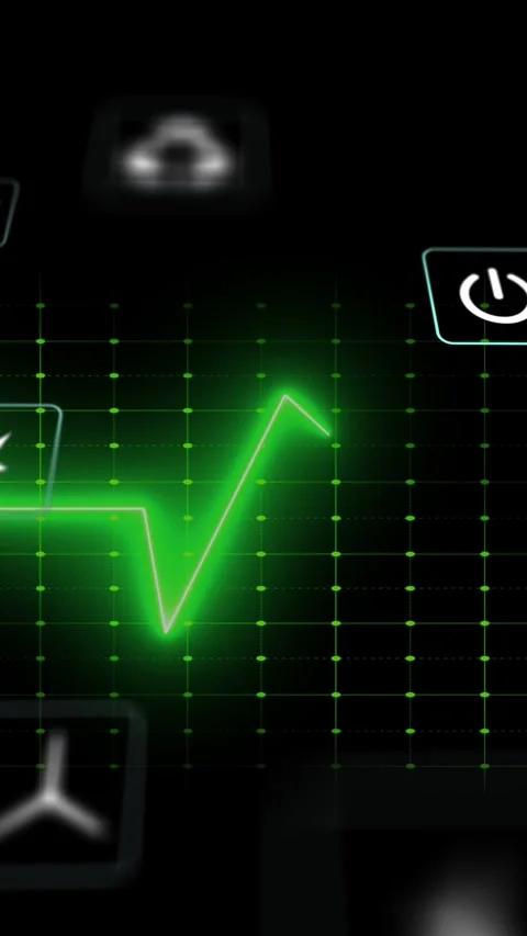 Vertical video: Neon laser emerging left, tracing zigzag, icons glowing, Stock Footage 329552575