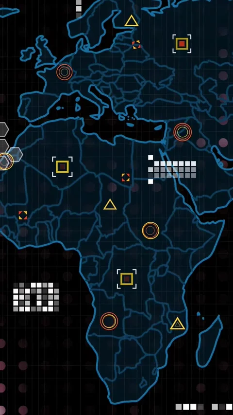 Vertical video: Neon map outline fading in, causing markers to pulse, link, and Stock Footage 329840239