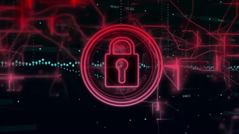 Vertical video: neon padlock emblem growing, pulsing in security, red web Stock Footage 332804403