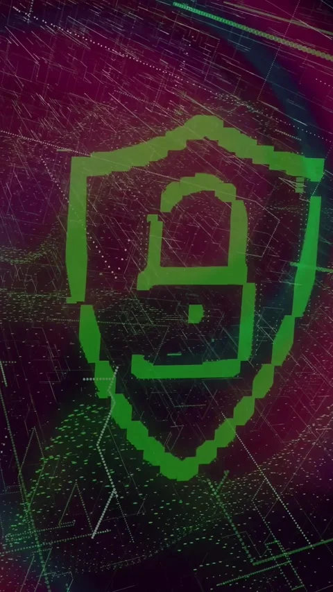 Vertical video: Neon paths sweeping, green pixel shield pulsing as padlock Stock Footage 329961453