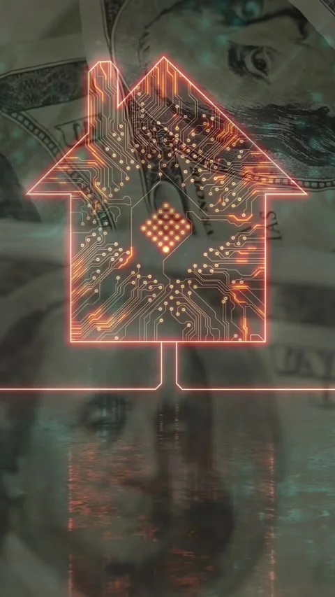 Vertical video: Neon PCB house pulsing as chip sending pulses, lighting nodes Stock Footage 329613109