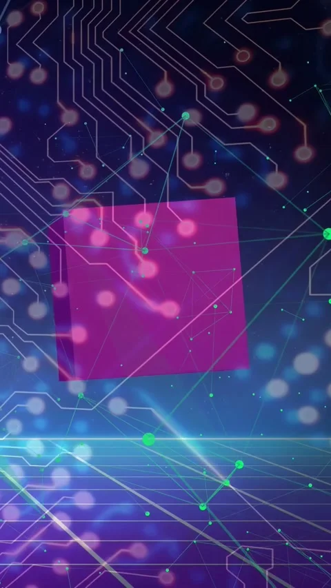Vertical video: Neon pulse initiating magenta cube rotating and drifting, Stock Footage 334917023