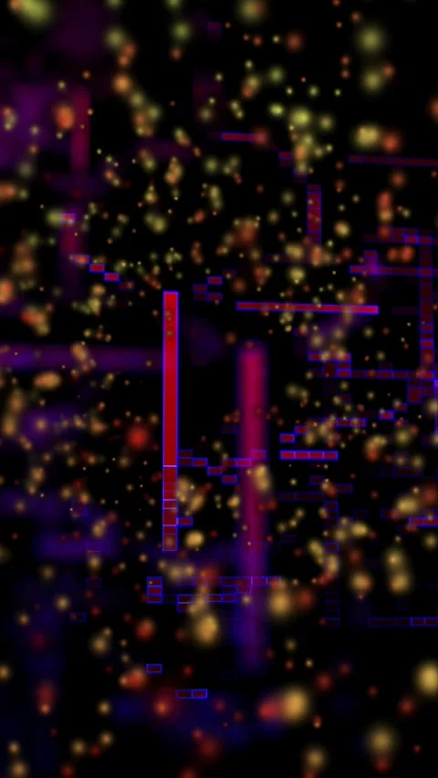 Vertical video: Neon pulse starting red pillar sending golden dots purple bars Stock Footage 329613085