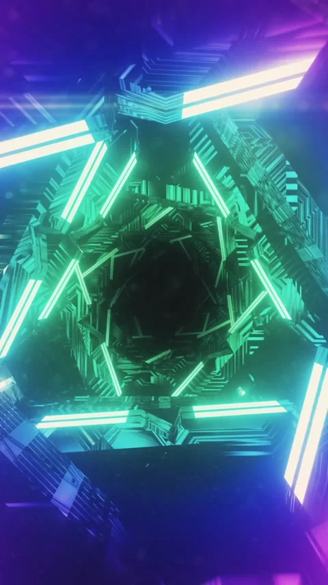 Vertical video: On neon pulse vortex rotating, bars strobing, camera moving Stock Footage 348491262