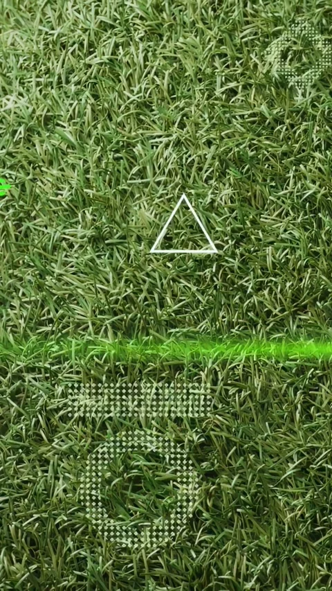 Vertical video: Neon scan sweeping turf grass, HUD aligning markers and guiding Stock Footage 333304376