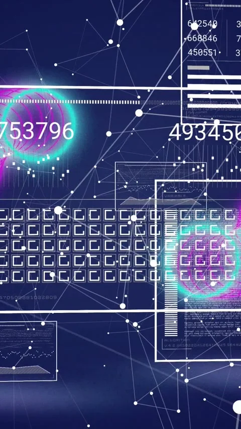 Vertical video: Neon spirals glowing data HUD sliding numbers updating grid Stock Footage 328448567