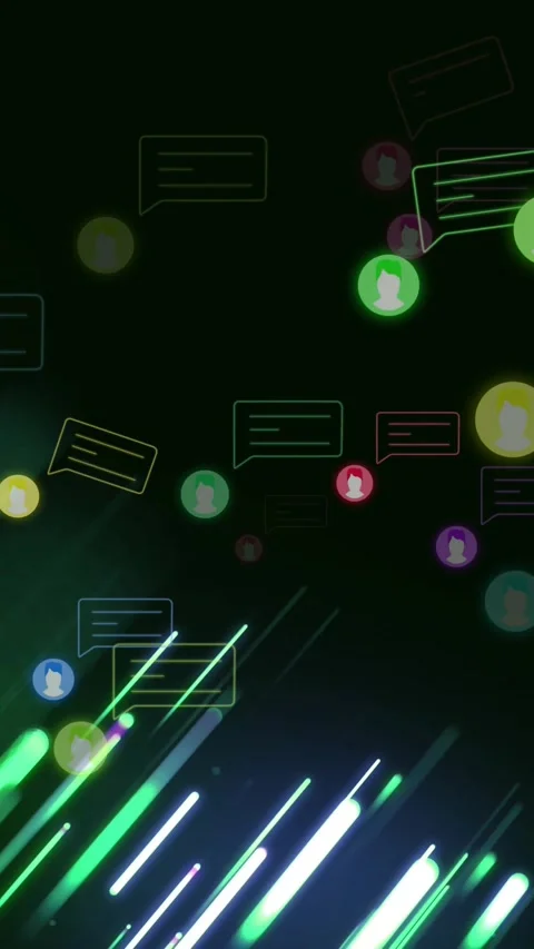 Vertical video: Neon streaks from left making icons and chat appear and move, Stock Footage 331790139