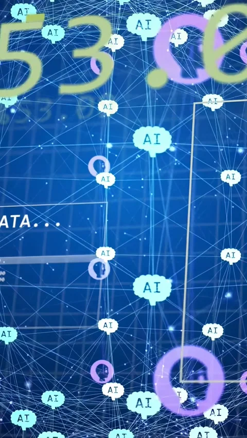 Vertical video: Network of AI nodes pulsing and shifting after scrolling numbers Stock Footage 334378325