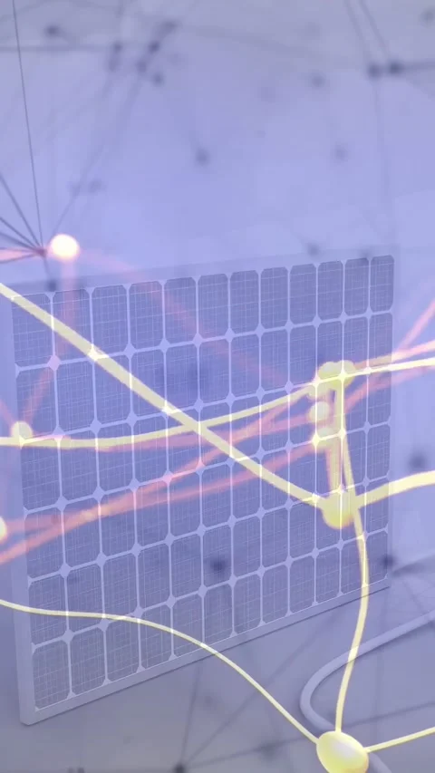 Vertical video: Network emerging top-left sweeping across solar panel to cable Stock Footage 334397583