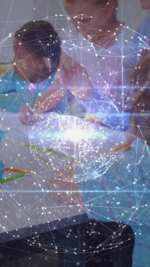 Vertical video: Network globe appearing, girl drawing, teacher leaning and Stock Footage 334381933